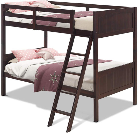 Wood Twin over Twin Bunk Beds Convertible 2 Individual Twin Beds for Kids Children, Solid Rubberwood Bunk Bed with Ladder and Safety Rail (Espresso)-0