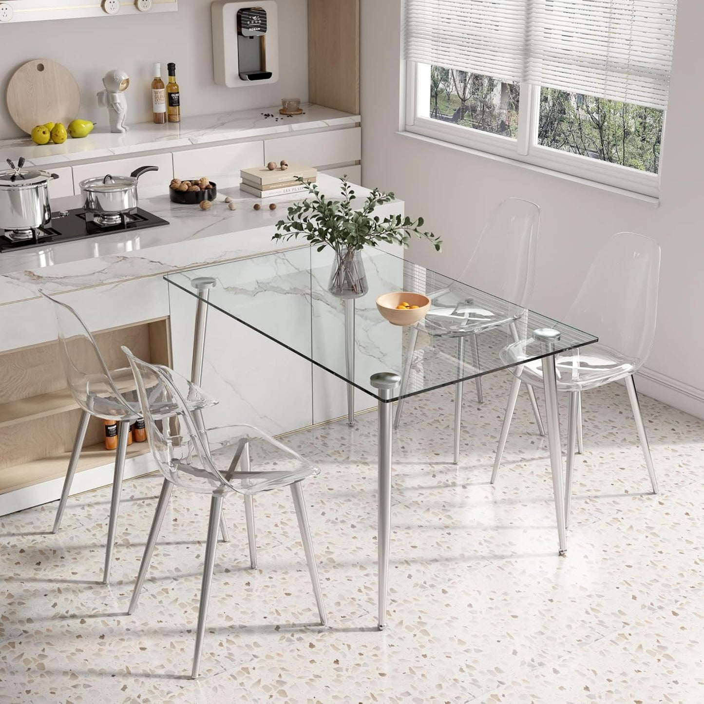 Glass Dining Table for 4 with 51 Inch Clear Rectangular Glass Top, 0.31" Modern Tempered Glass Kitchen Table Furniture with 4 Silver Plating Metal Legs for Home Dining Room-3