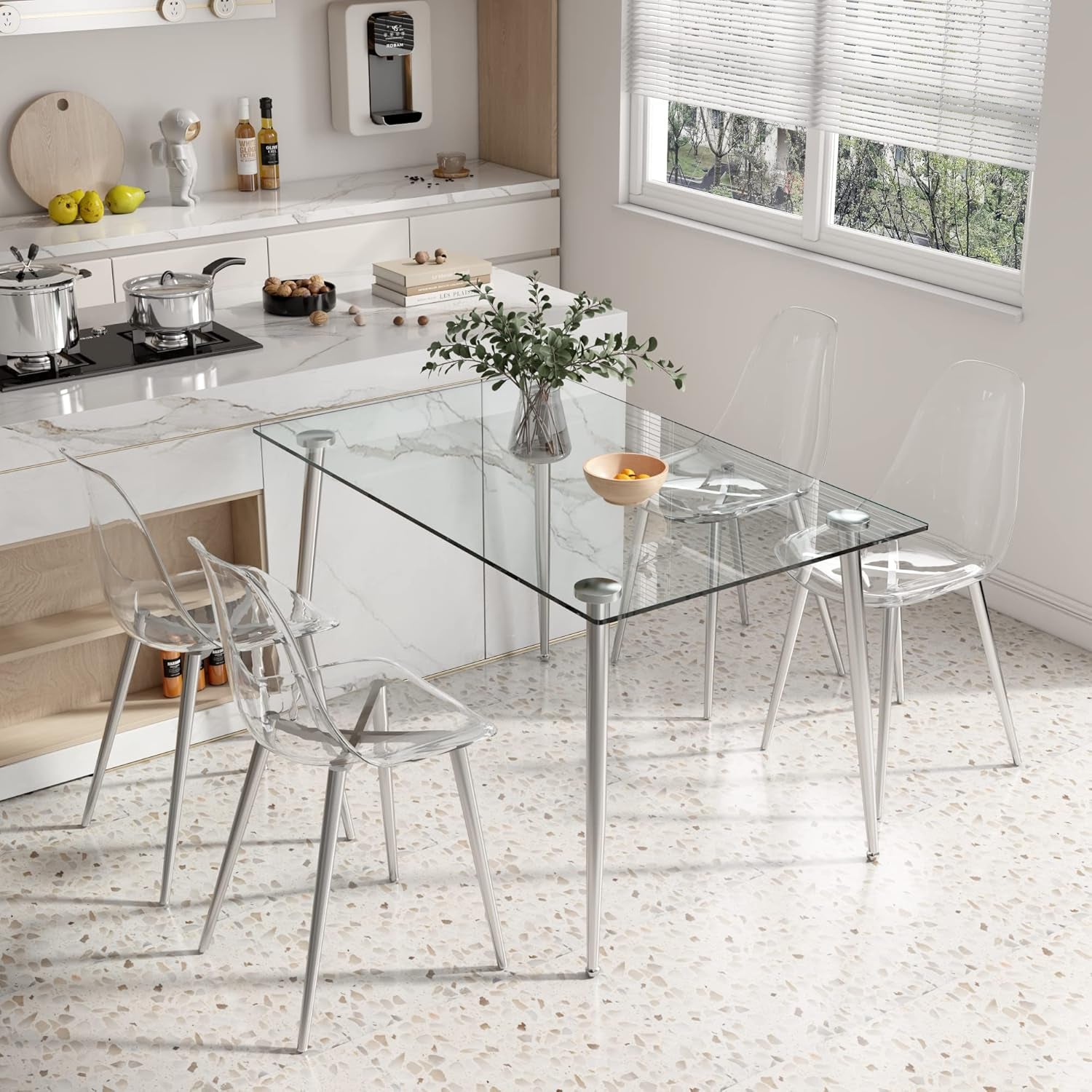 Glass Dining Table for 4 with 51 Inch Clear Rectangular Glass Top, 0.31" Modern Tempered Glass Kitchen Table Furniture with 4 Silver Plating Metal Legs for Home Dining Room-3