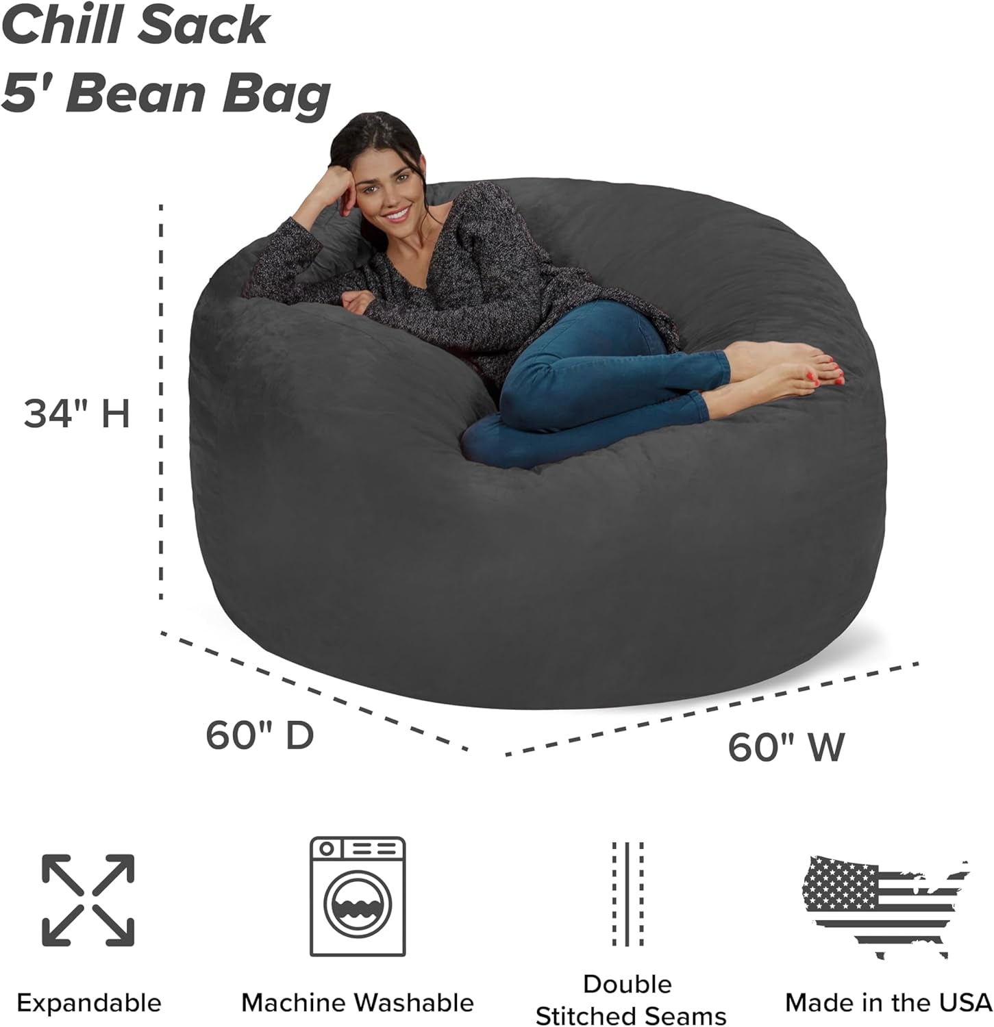 Charcoal 5ft Giant Memory Foam Bean Bag Chair-2