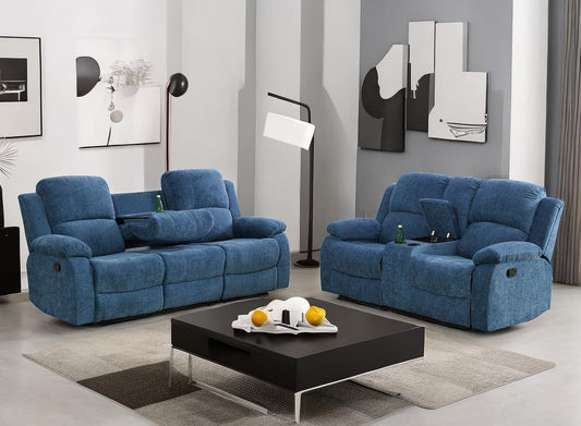 Recliner Sofa Set for Living Room Set, Reclining Sofa and Loveseat Set for Reclinier Sofa with Drop down Table/Double Recliner Loveseat with Storage Console/Blue Linen-0
