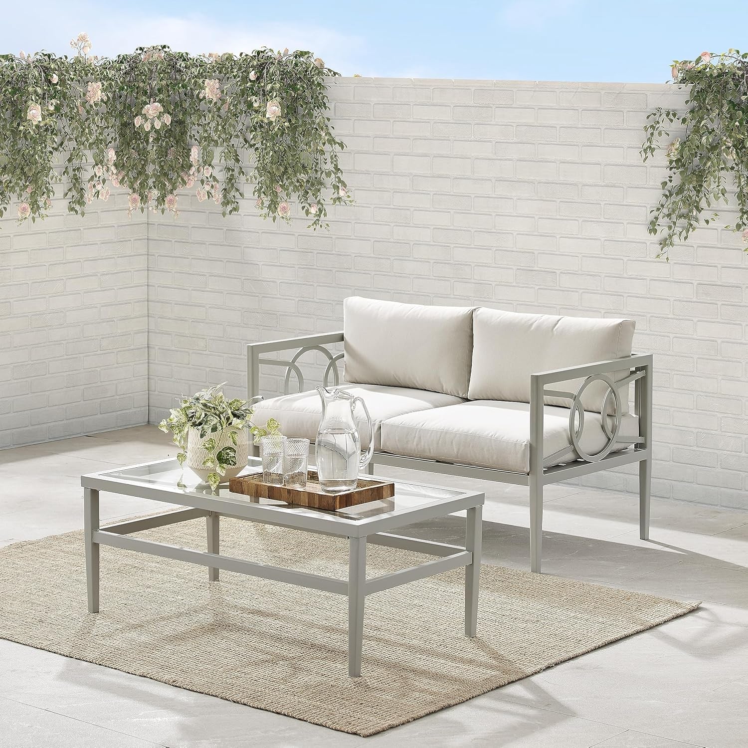 Ashford 2-Piece Outdoor Coffee Table and Loveseat Patio Furniture Set for Porch, Deck, Gray with Creme Cushions-4
