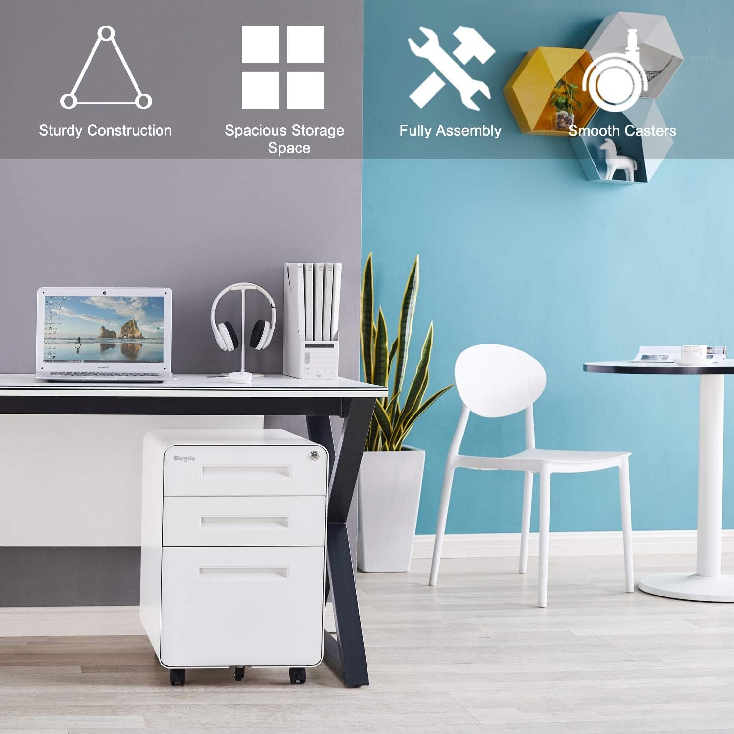 23.8" H 3 Drawer Rolling File Cabinet with Lock, Mobile File Cabinet under Desk with Pencil Tray, White Locking File Cabinet for Home Office, Metal Filing Cabinet Printer Stand Fully Assembled-2