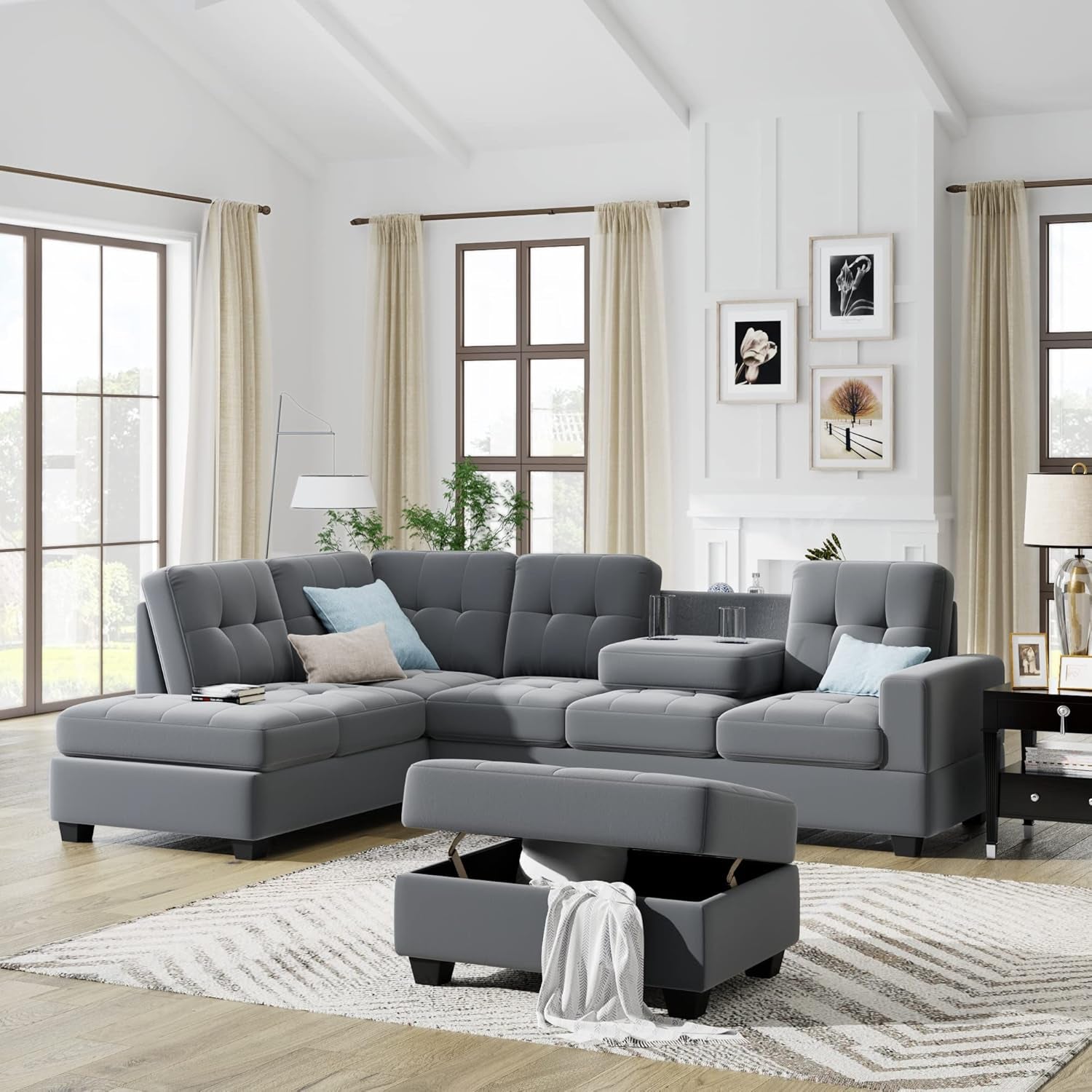 104Inch Sectional Sofas 3-Seat Sofa Sectional Sofa Couches with Reversible Chaise Storage Ottoman and 2 Cup Holders, Sofa Lounge and Ottoman for Living Room Furniture-0