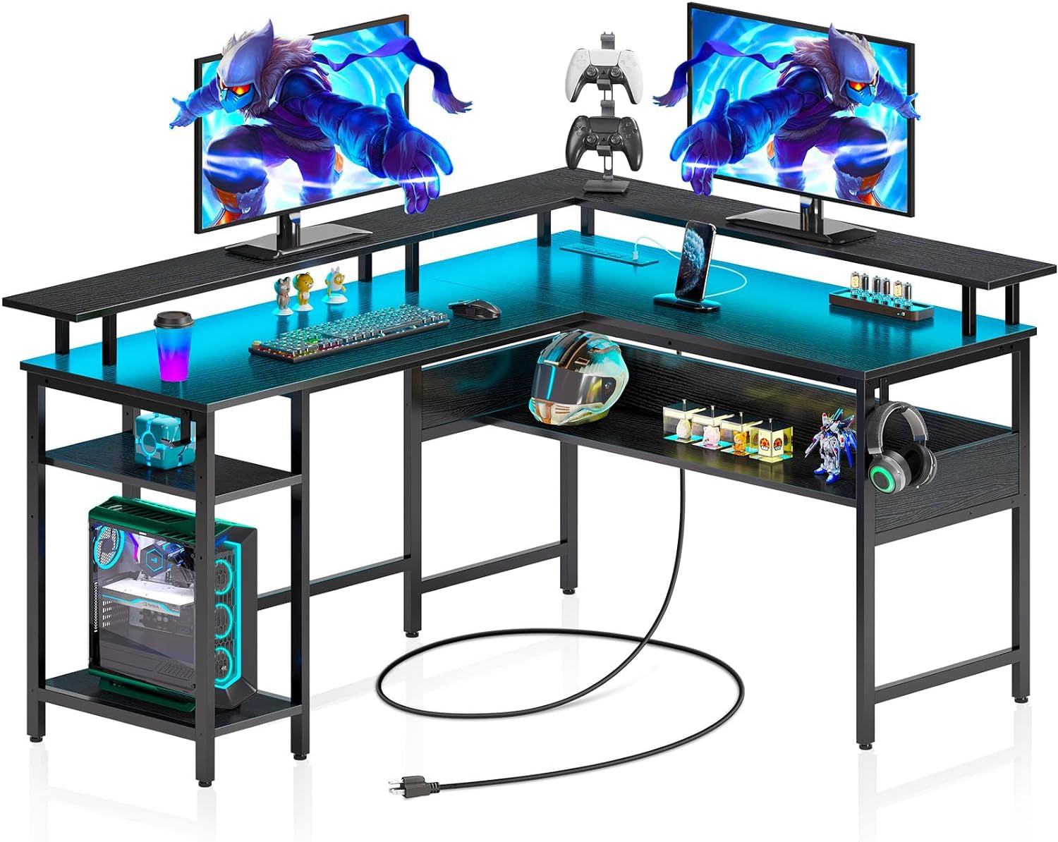 Computer Desk L Shaped 56.7" with LED Lights and Power Outlets, Reversible L Shaped Gaming Desk with Monitor Stand, Home Office Desk with Storage, Desk with USB Port and Hook, Black-0