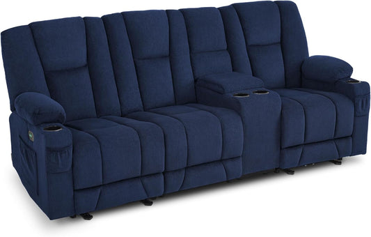 Power Reclining Sofa with Heat and Vibration,Usb Ports, Cup Holders,3-Seat Dual Recliner Sofa with Console for Living Room 6035 (Navy Blue)-0