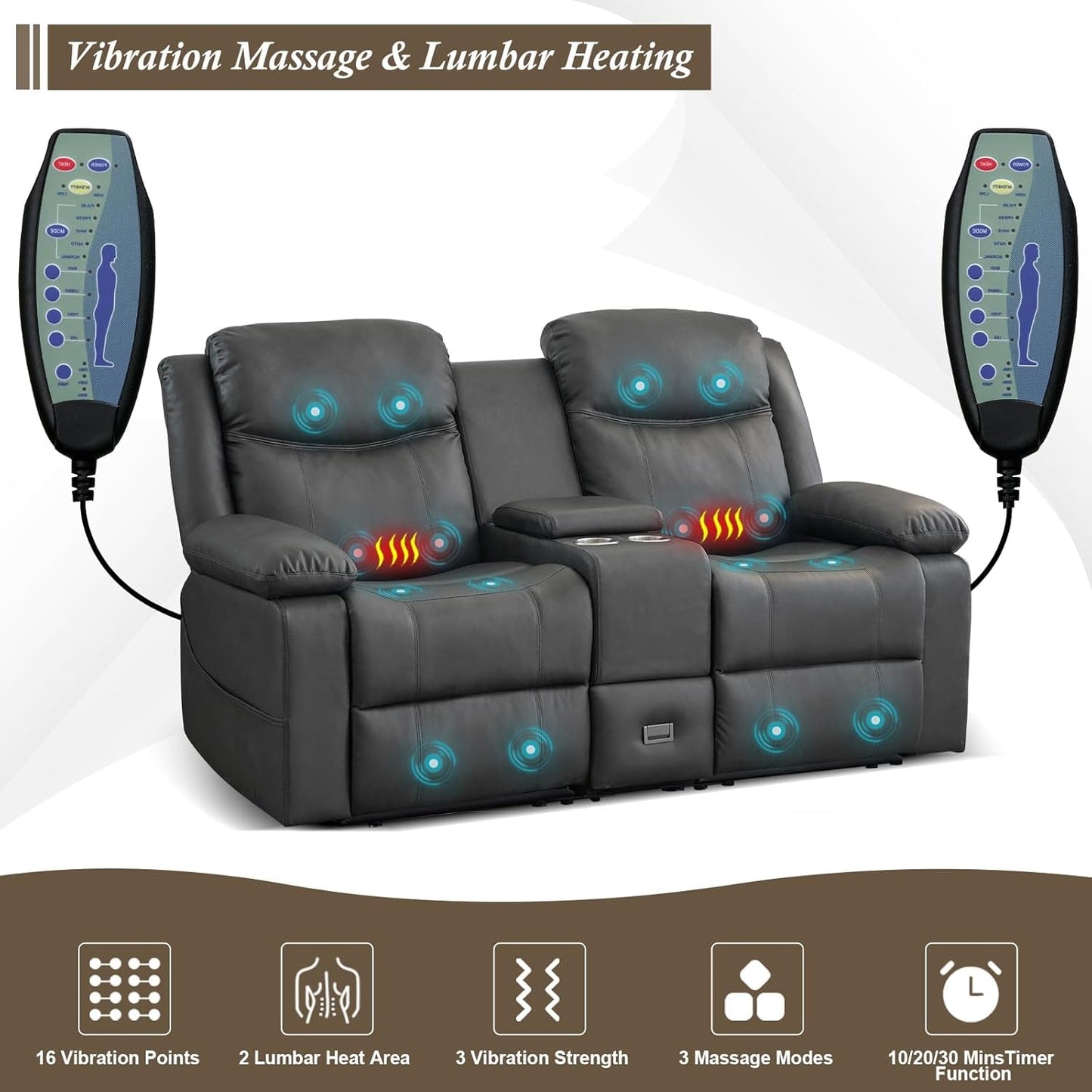 Loveseat Recliner, Reclining Loveseat with Console, Double Reclining Loveseat, 2 Seater Manual Reclining Couch for Living Room, Office, Home Theater(Pu-Grey)-3