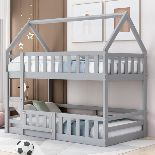 House Bunk Bed Twin over Twin, Modern Wood Floor Bunk Bed with Fence and Door, for Boys Girls Teens, Grey-0