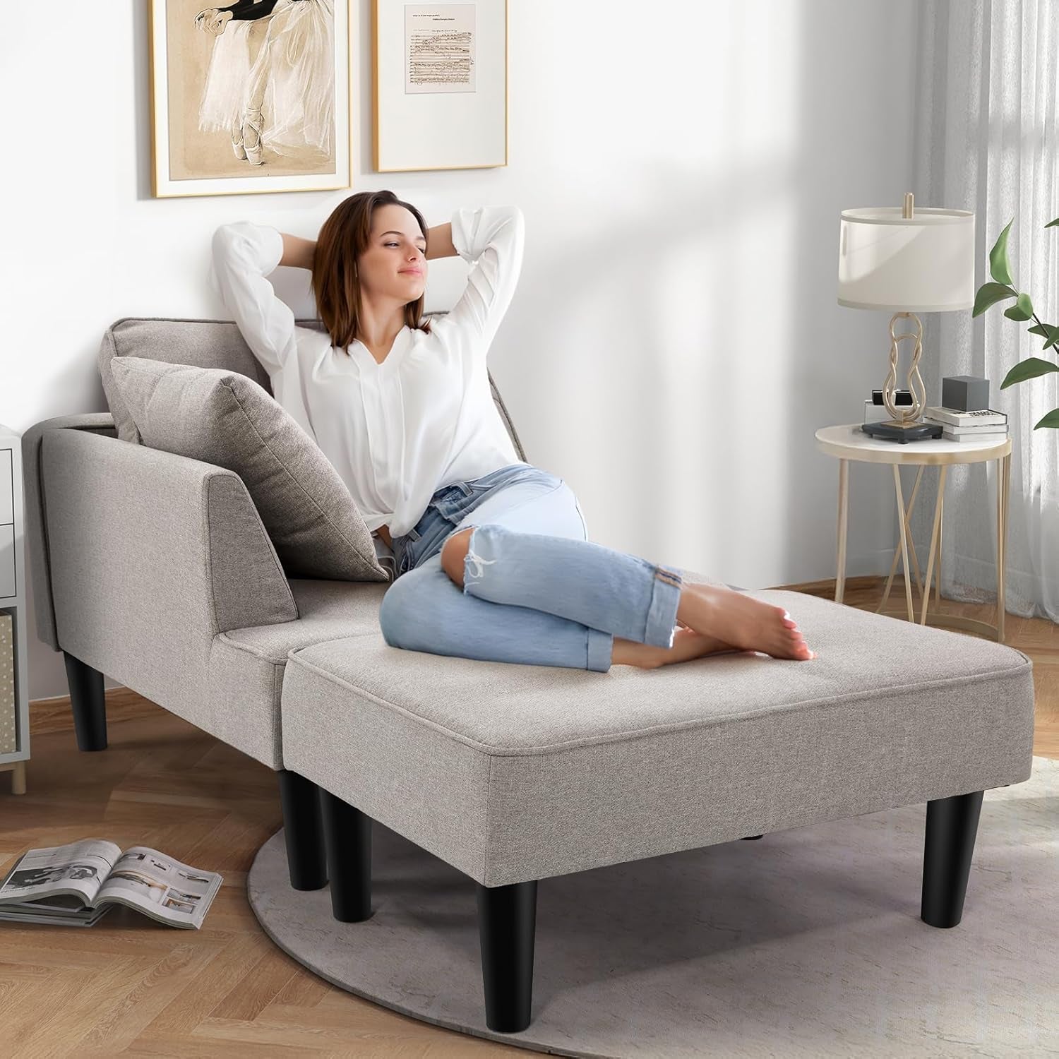 Recliner Sofa Bed Modular Sectional Convertible Sofa for Small Space, Flexible Combination Corner Couch with Ottoman, Modern Flax Fabric Loveseat for Apartment Sleeping Room Living Room,Right Armrest-0