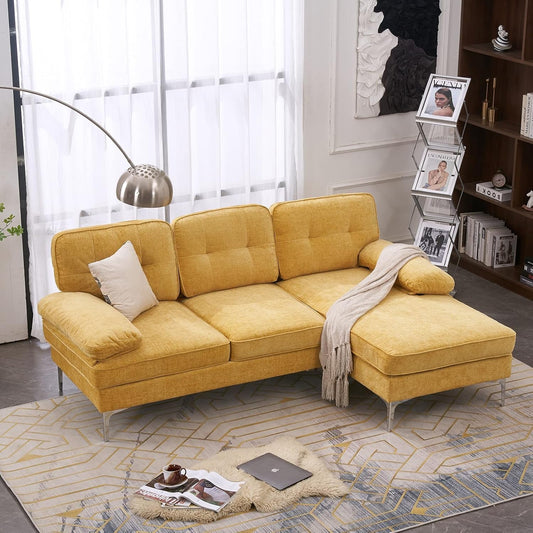 Sectional Sofa 83" L-Shape Sofa Couch 3-Seat Couch with Chaise Chenillefabric Upholstered for Living Room, Apartment, Office, Yellow-0