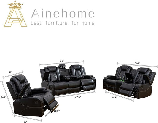 Luxury Living Room Furniture Sets Power Recliner Sectional Sofa Recliner Couch Set Recliner Leather Couch and Recliner Set Loveseat Chair for House/Office/Theater Seating(A-Black)-1