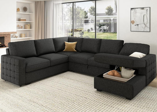 Sectional Sleeper Sofa with Pull Out Bed, Reversible Sectional Sleeper Couch with Storage Chaise U Shape Sectional Sofa, Dark Grey-0