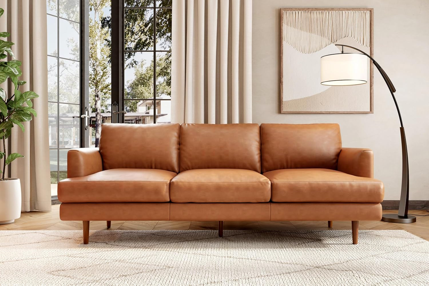 Cognac Tan Brown Leather Mid-Century 3-Seater Sofa-0