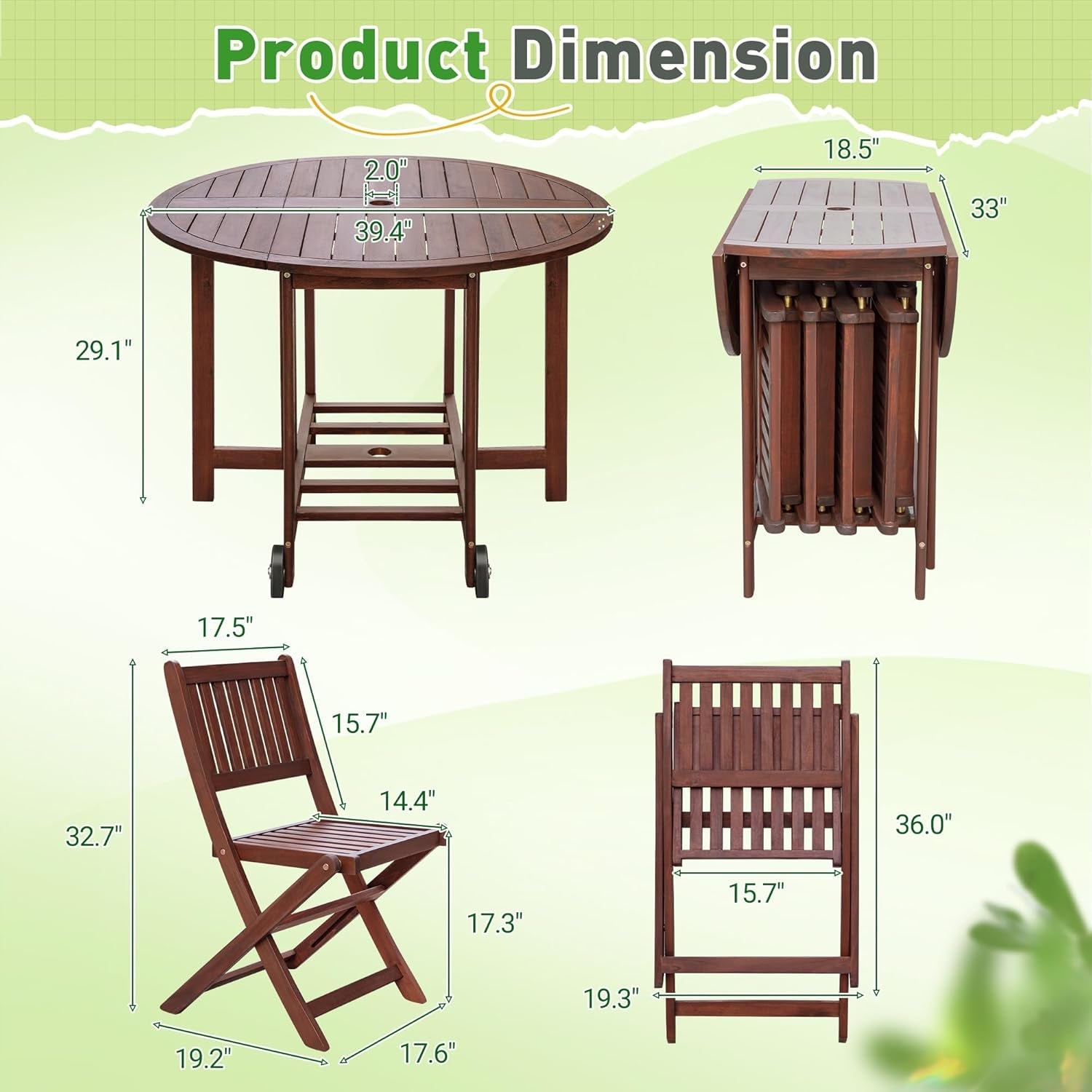 5 Piece Patio Dining Set Outdoor Acacia Wood Furniture All-Weather Folding round Table and Chairs for Backyard, Balcony, Porch, Deck, Garden, Dark Brown-3