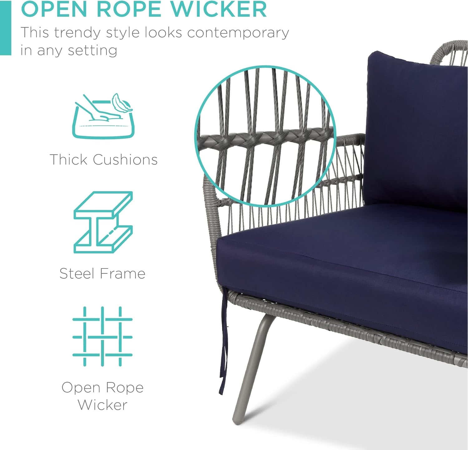 Outdoor Rope Woven Sectional Patio Furniture L-Shaped Conversation Sofa Set for Backyard, Porch W/Thick Cushions, Detachable Lounger, Side Table - Gray/Navy-2