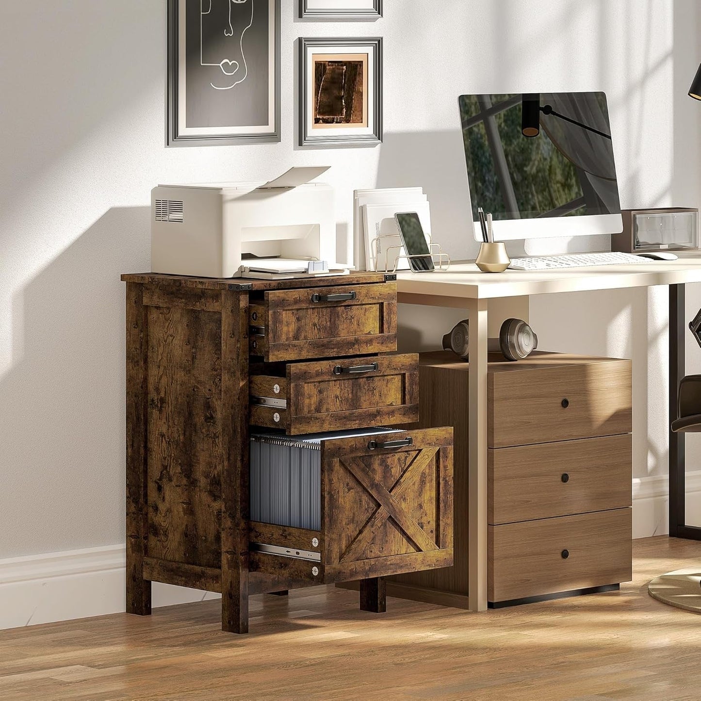 3 Drawer File Cabinet with Silent Slides, Vertical Filing Cabinet for Hanging A4/Letter Size, Rustic Farmhouse Printer Stand with Storage for Home Office, Rustic Brown-1