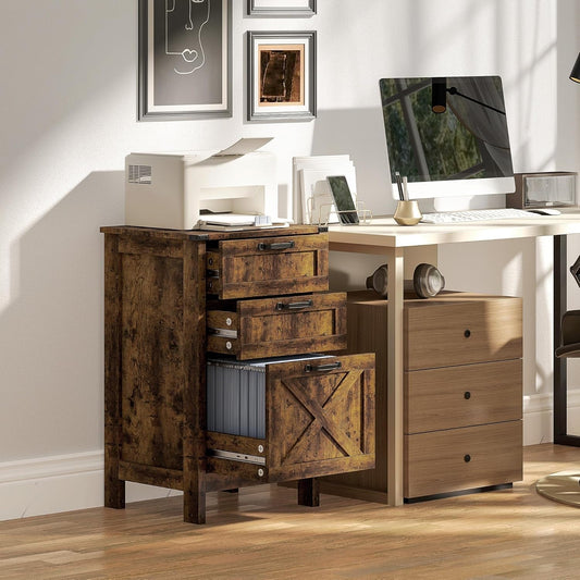 3 Drawer File Cabinet with Silent Slides, Vertical Filing Cabinet for Hanging A4/Letter Size, Rustic Farmhouse Printer Stand with Storage for Home Office, Rustic Brown-1