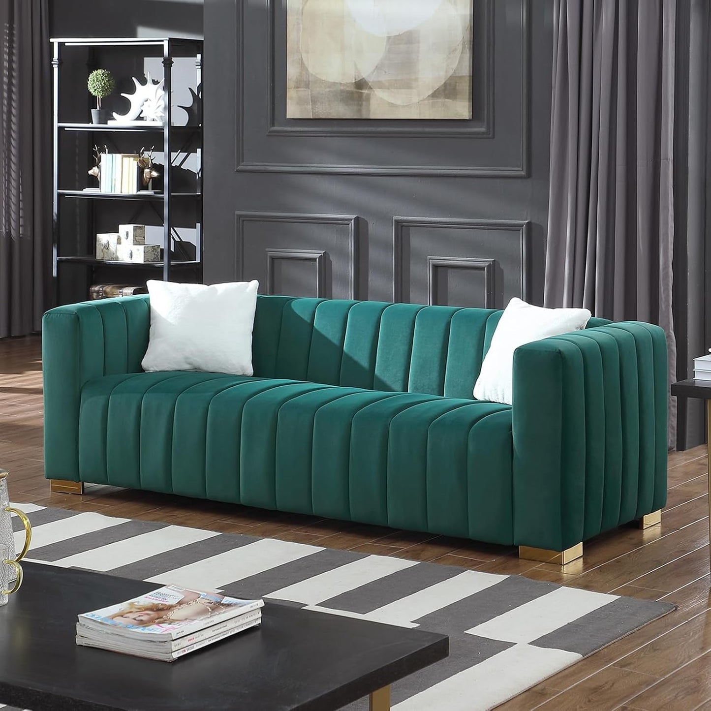 Velvet 3 Seater Sofa Couch with 2 Pillows, Channel Tufted, Square Arms & Gold Metal Legs for Living Room Apartment Office, 87.01”W (Green)-0