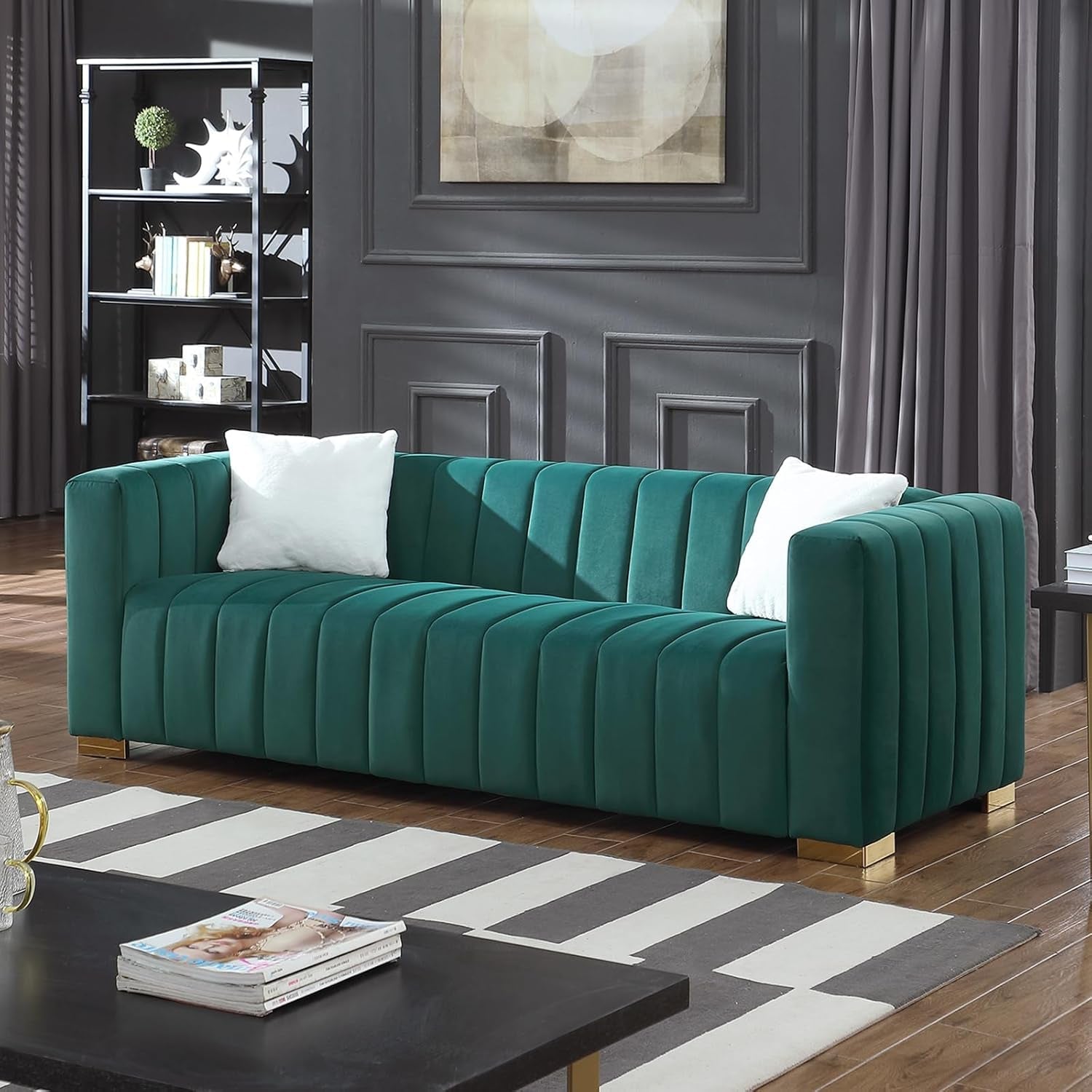 Velvet 3 Seater Sofa Couch with 2 Pillows, Channel Tufted, Square Arms & Gold Metal Legs for Living Room Apartment Office, 87.01”W (Green)-0