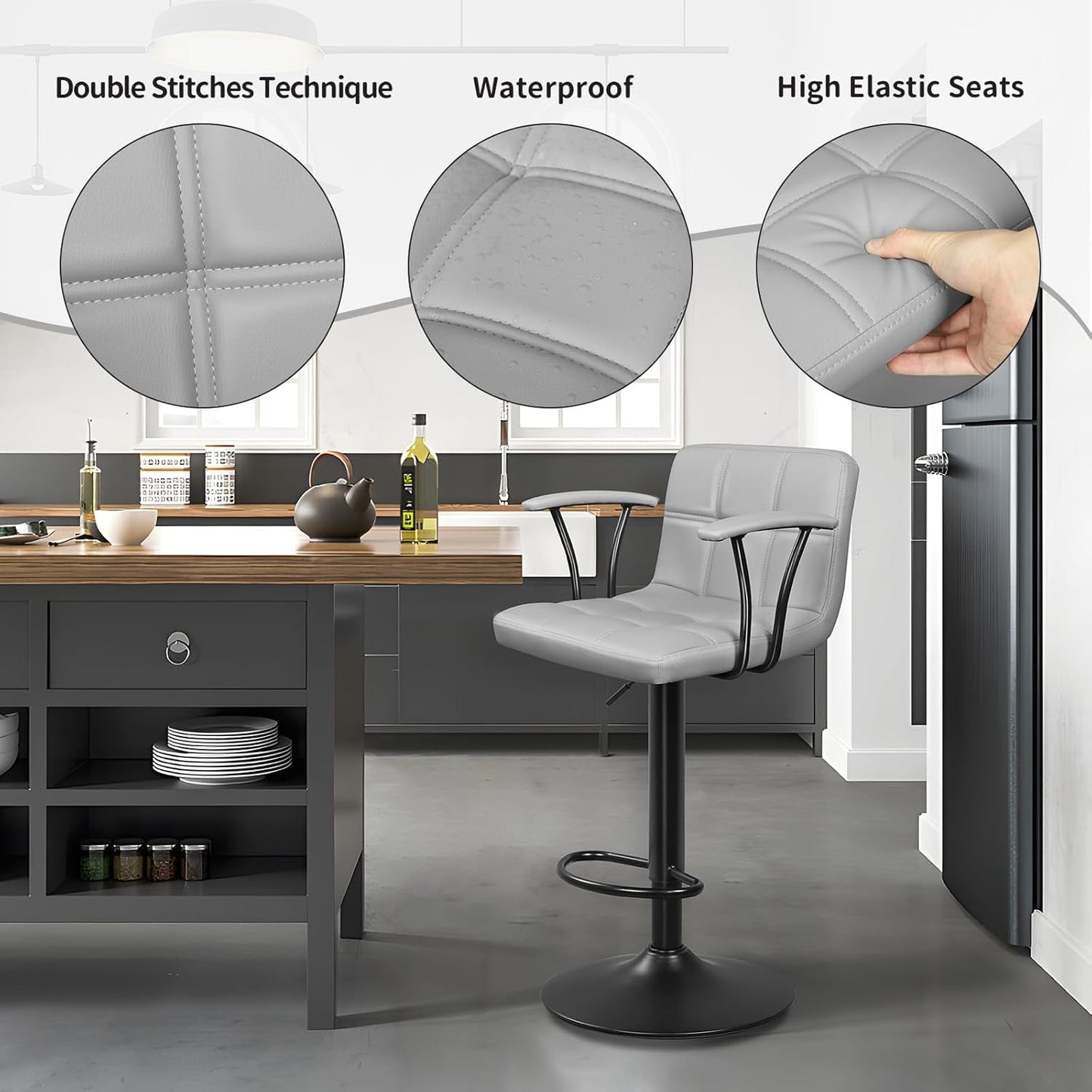 Bar Stools Set of 2, Armrest Adjustable Swivel Barstools with Back, Double Needle PU Leather Counter Height Chairs for Kitchen Lsland (Light Grey)-4