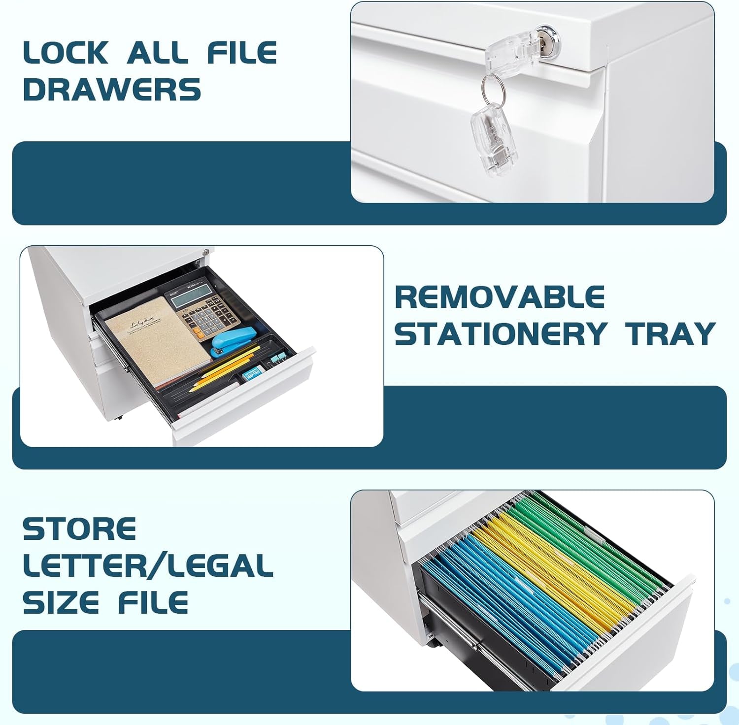 White Filing Cabinet 3 Drawers on Wheels under Desk, Metal Rolling File Cabinet with Lock for Home Office, Small Mobile File Cabinet for Letter Legal File Folders, Un-Assembled-3