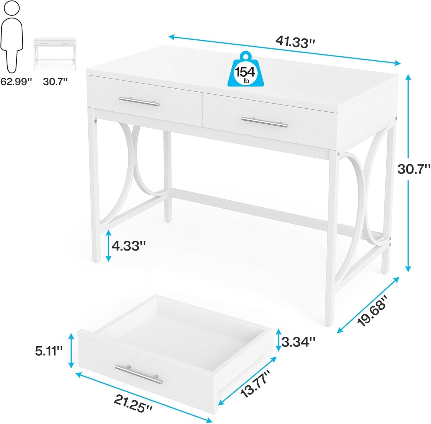 41" White Computer Desk with Two Drawers-2