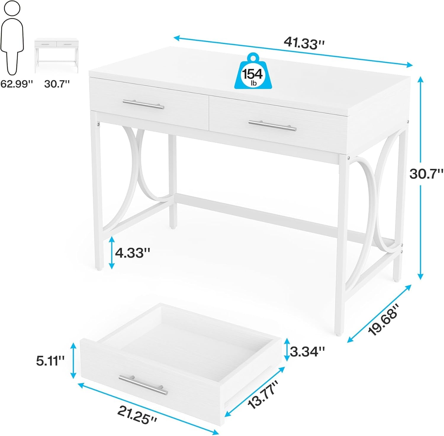 41" White Computer Desk with Two Drawers-2