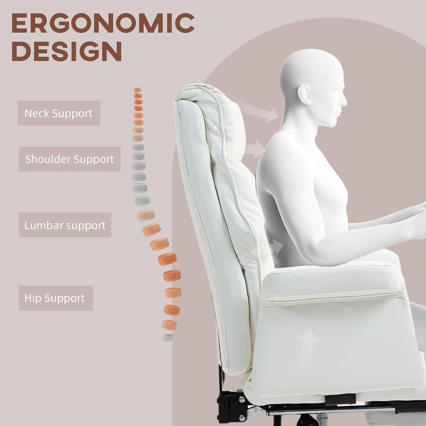 Executive Office Chair, PU Leather Ergonomic Office Desk Chair with Footrest, Reclining and Swivel Chair, White-3