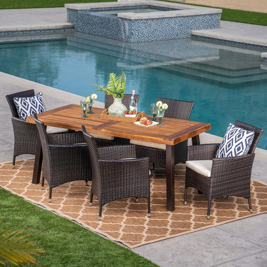 Randy | Outdoor 7-Piece Acacia Wood and Wicker Dining Set with Cushions | Teak Finish | in Multibrown/Beige, Rustic Metal-0