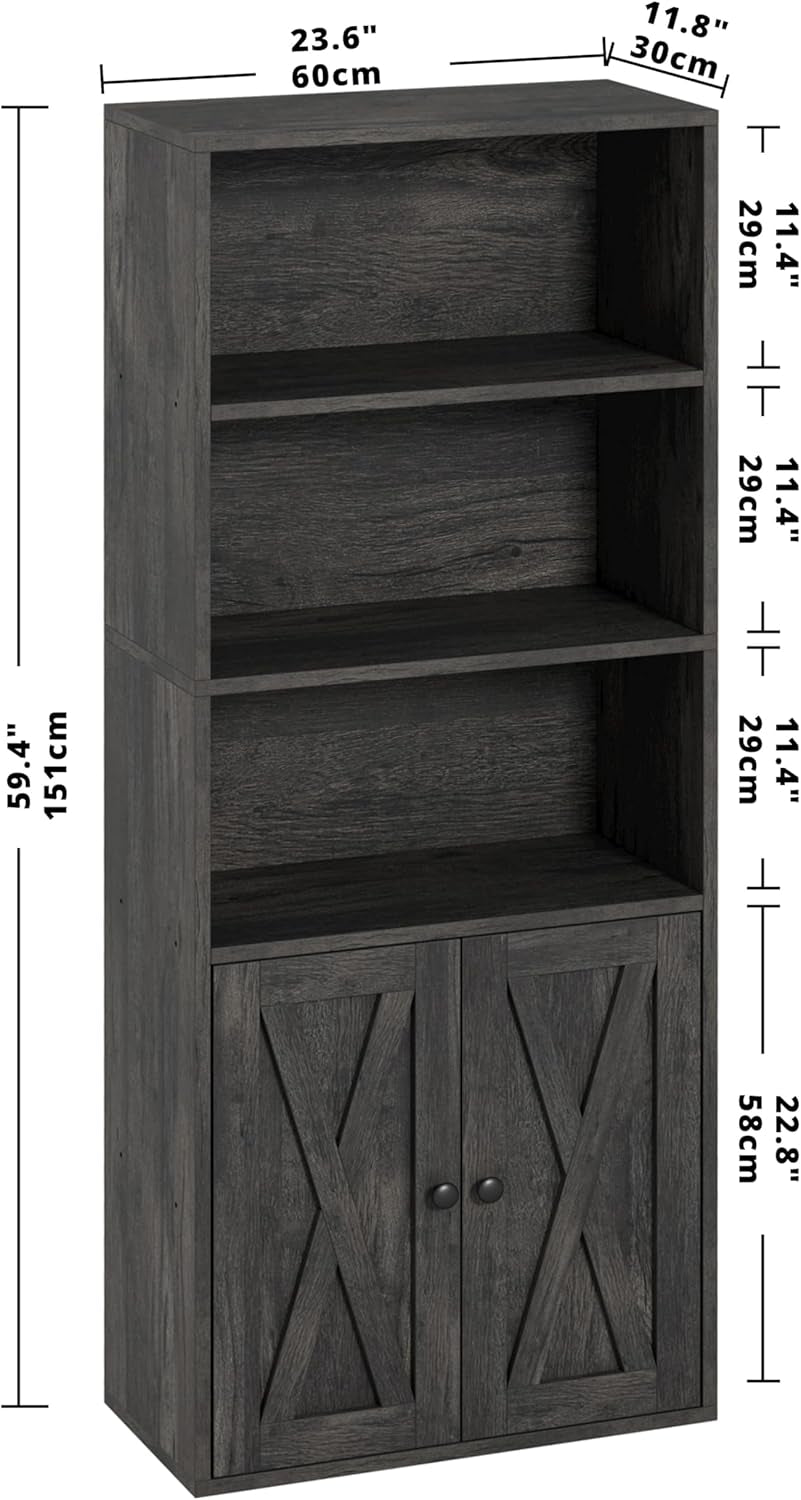 Industrial Bookshelves and Bookcases with Doors 11.8 in Depth Floor Standing 5 Shelf Display Storage Shelves Bookcase Home Decor Furniture for Home, Office, Living Room, Bedroom-2