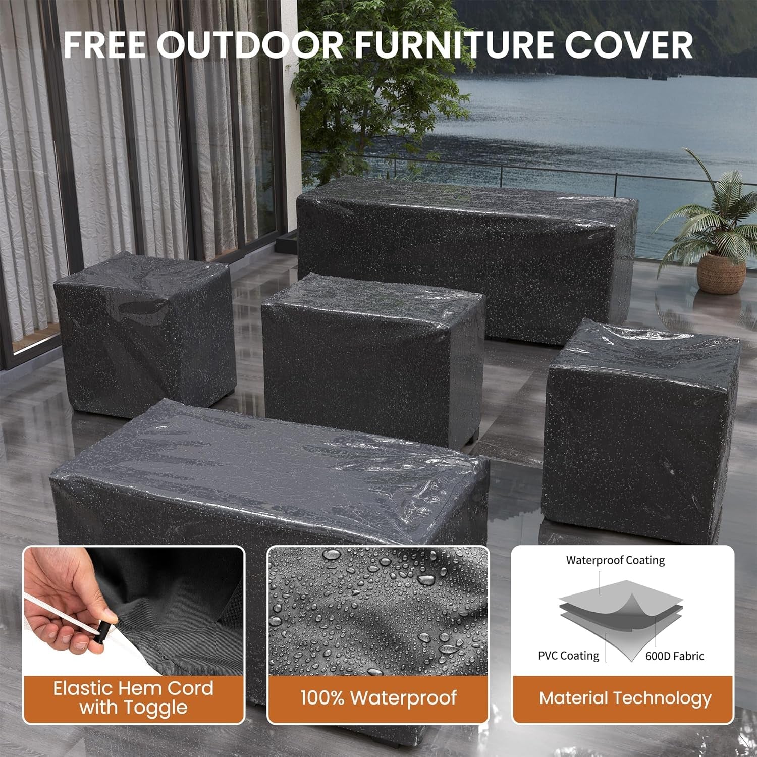 Patio Furniture Set with 44" Fire Pit Table, 7 Pieces Outdoor Furniture Sets, Wicker Rattan Patio Conversation Sets with Ottoman and Waterproof Covers for Porch Deck Backyard, Khaki-4