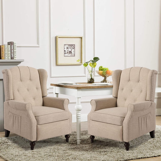 Wingback Recliner Chair with Massage and Heat, Tufted Fabric Push Back Recliner Chair for Living Room, Vintage Wingback Chair with Remote Control, Padded Cushion, Backrest, Wooden Legs-0