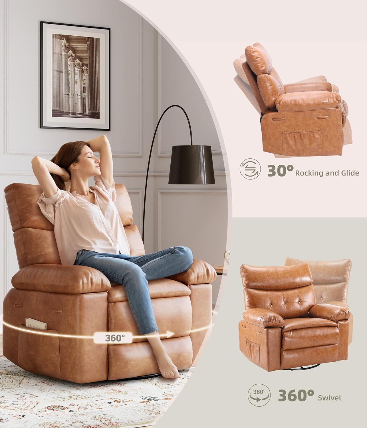 Oversized Wide Rocker Swivel Recliner Chair - PU Leather Large Manual Recliner for Adults, Comfort Lazy Chair with 1.5X Sponge Filling and Easy Recline Mechanism for Relaxation-4