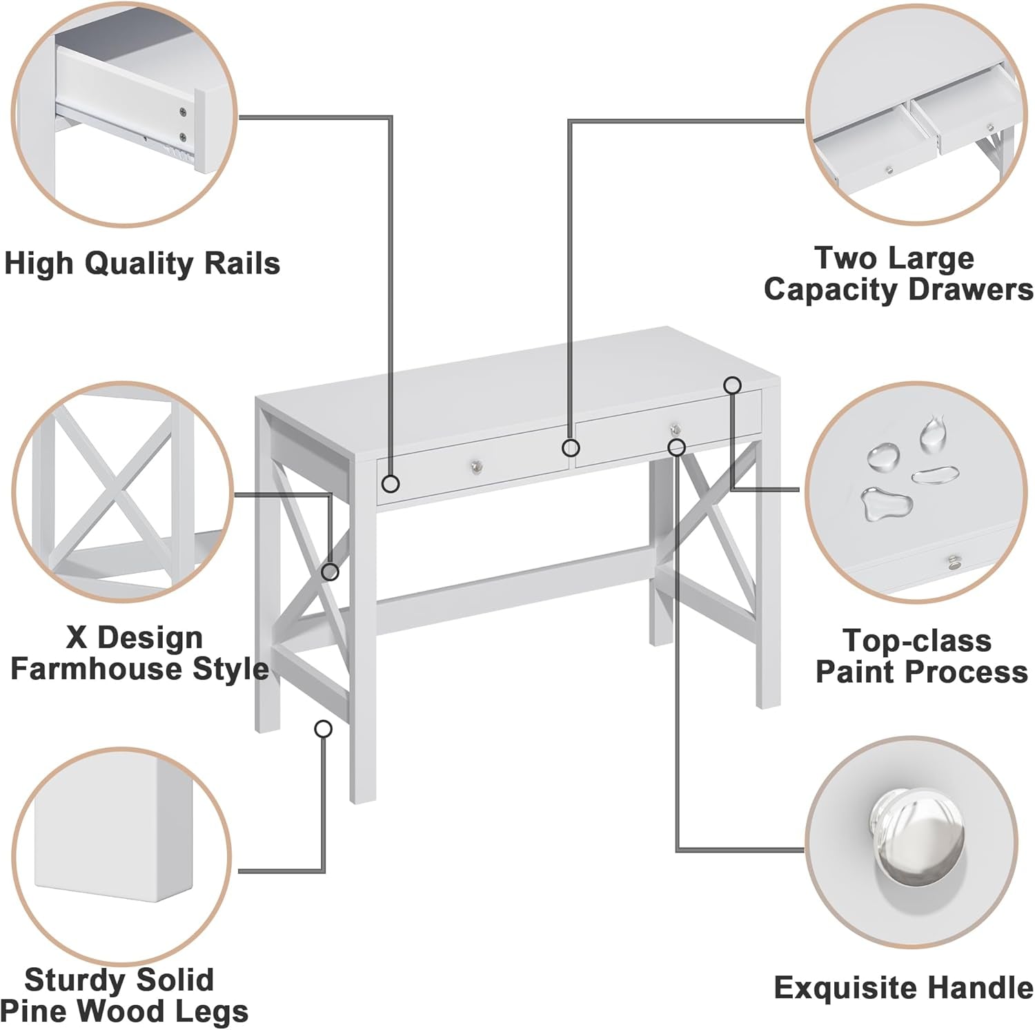 Computer Desk Study for Home Office, Modern Simple 40 Inches White Desk with Drawers, Makeup Vanity Console Table-4