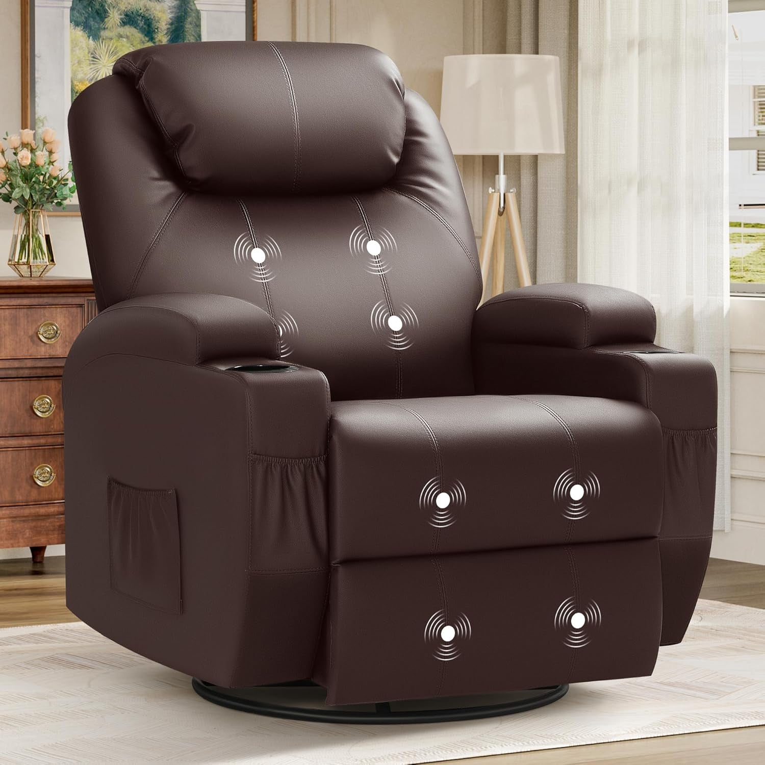Recliner Chair, Rocking Massage Chairs, Home Reclining Sofa Chair, PU Leather, Ergonomic Living Room Chair with Cup Holders, Remote Control (Brown)-0
