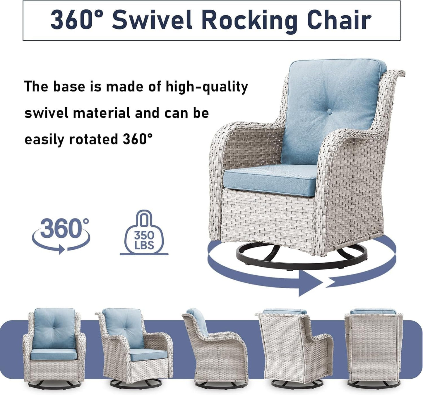 7 Pieces Patio Furniture Set with Fire Pit Table, Wicker Rattan Outdoor Furniture Set with Swivel Rocker Chairs for Yard, Deck, Garden, Light Beight/Light Blue-1