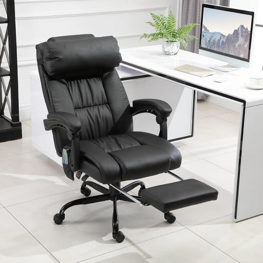 High Back Massage Office Chair with 6 Vibration Points, PU Leather Reclining Computer Chair, Ergonomic Desk Chair with Footrest Adjustable Height and Remote, Black-1