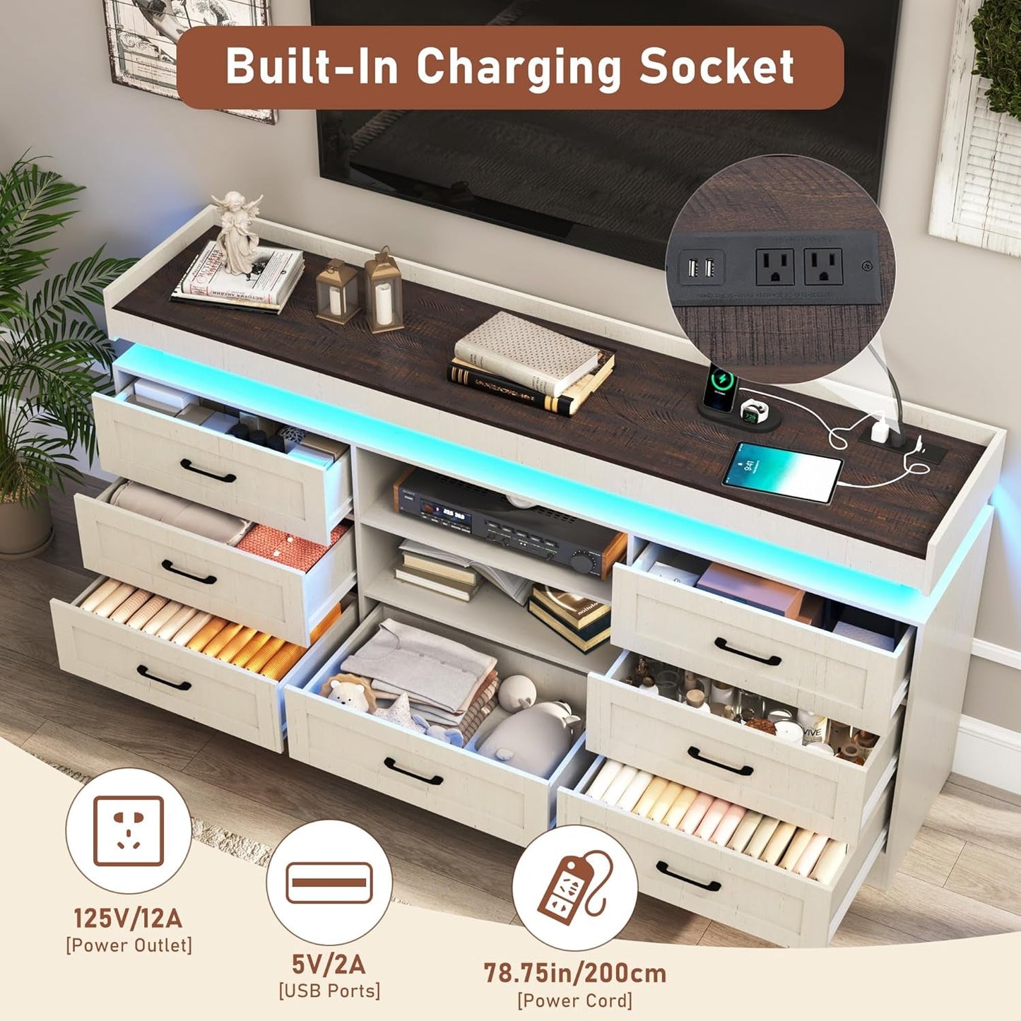 70"W Large Drawers Dresser,Tall Farmhouse 7 Drawers Dresser for Bedroom +2 Open Storage Shelves,With LED Light and Power Outlets,Wide Wood 7 Chests of Drawers for Closet for Bedroom(Antique White)-3