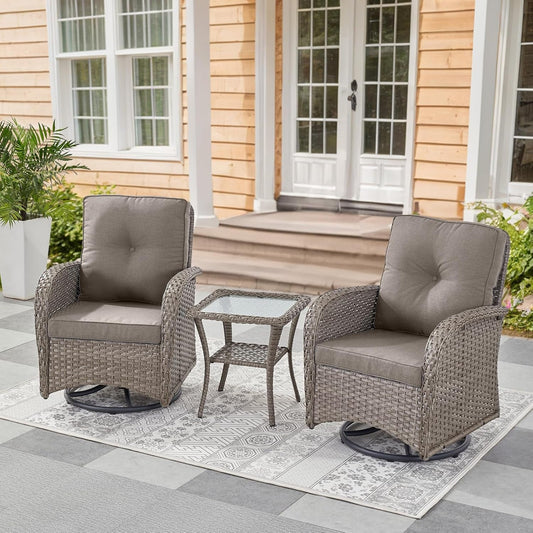 Swivel Patio Chairs Wicker Set - Outdoor Swivel Rocker Chair with Side Table, 3 Piece Patio Glider Chairs Furniture Set with Water-Resistant Cushions for Deck Porch Sunroom Gray-0