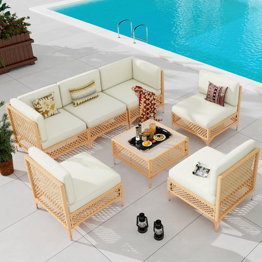 7 Piece Outdoor Patio Furniture Set, PE Rattan Wicker Patio Conversation Sets, All Weather Sectional Sofa with Thick Cushion, for Garden, Poolside, Backyard-0