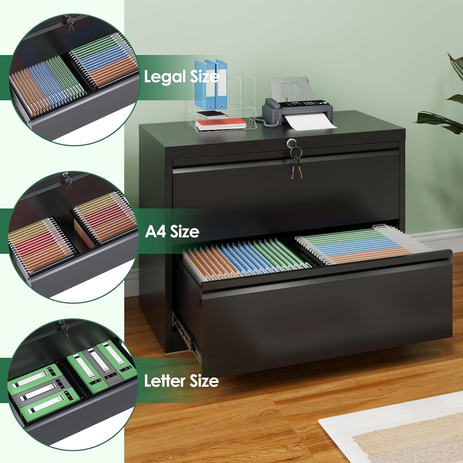 Metal 2 Drawer Lateral File Cabinet with Lock, Large Deep Drawer with Adjustable File Bars for Office,Home, 34.25 Inches Wide for Letter/Legal Size, Black, Assembly Required-4