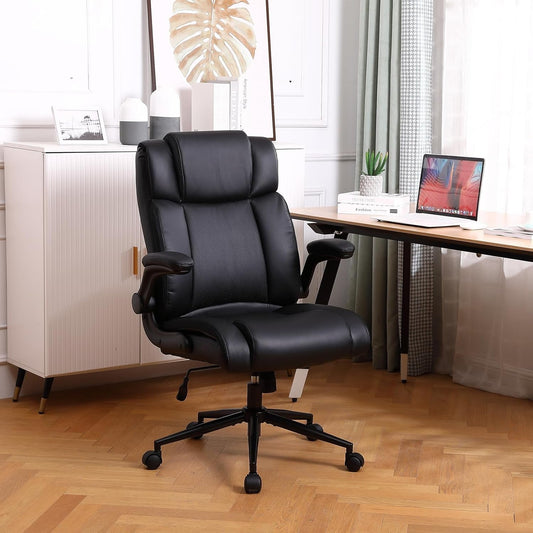 Black Leather Office Chair, Flip-Up Arms, Lumbar, Wheels-0