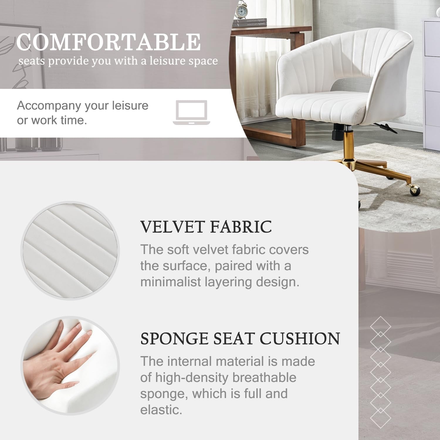 Home Office Chair Swivel Velvet Desk Chair, Vanity Chair with 360 Swivel Armchair and Gold Base,For Living Room, Bedroom, Vanity, Study (Beige)-3