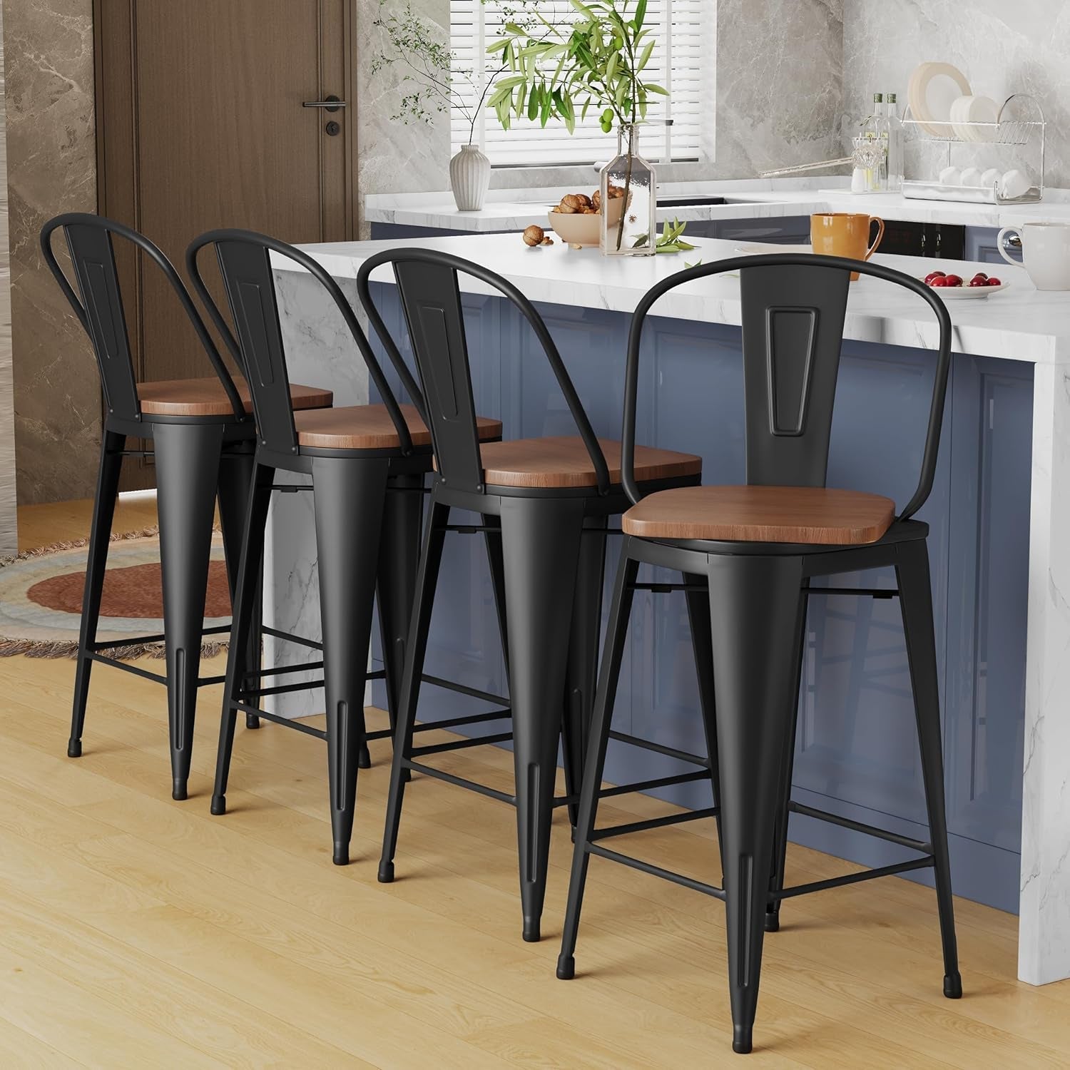 26" Swivel Metal Bar Stools Set of 4 High Back Counter Height Barstools Industrial Dining Bar Chairs with Large Wooden Seat-Matte Black-0