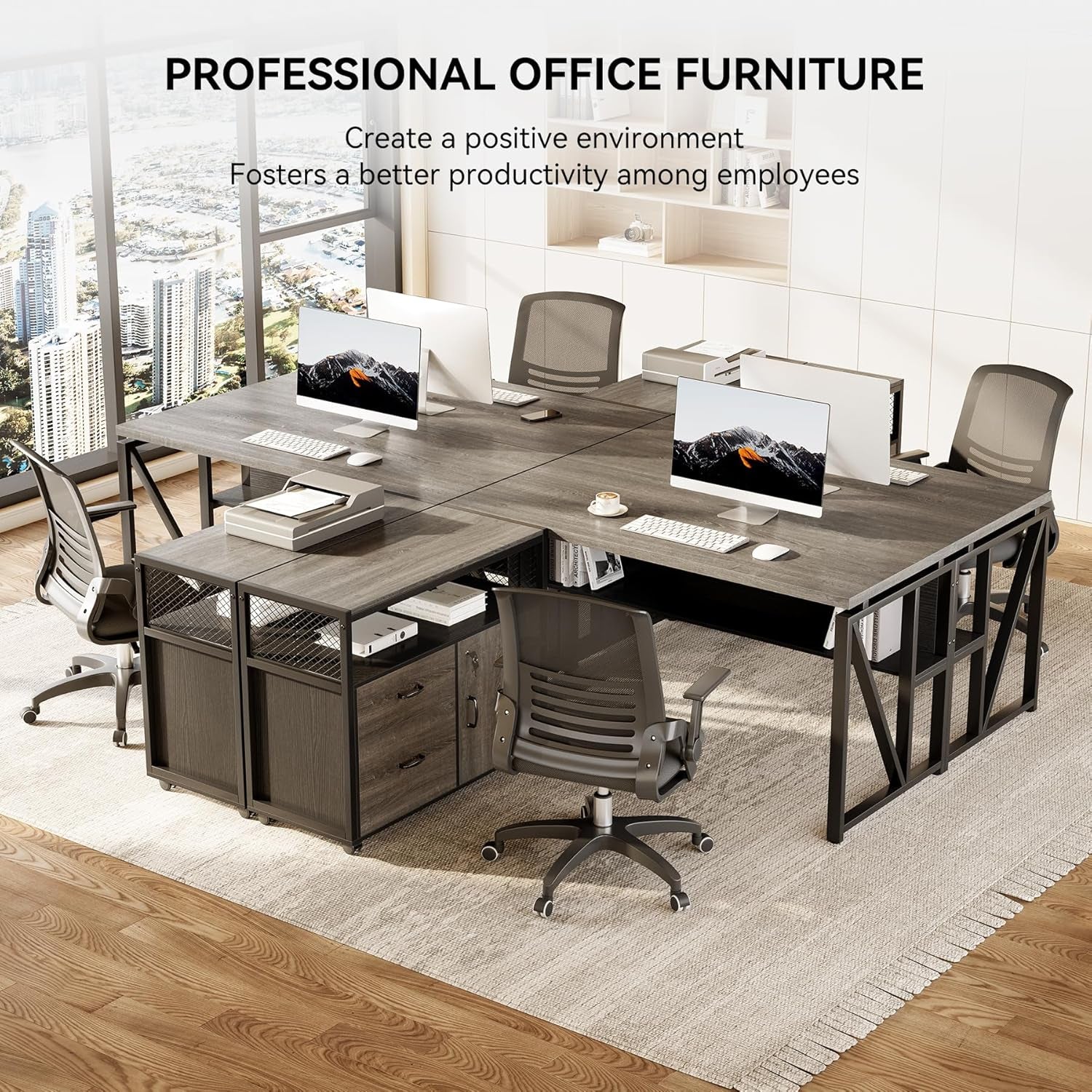 55" Executive Computer Desk and Lateral File Cabinet, L-Shaped Office Desk for Home Office, Furniture Set, Grey-3