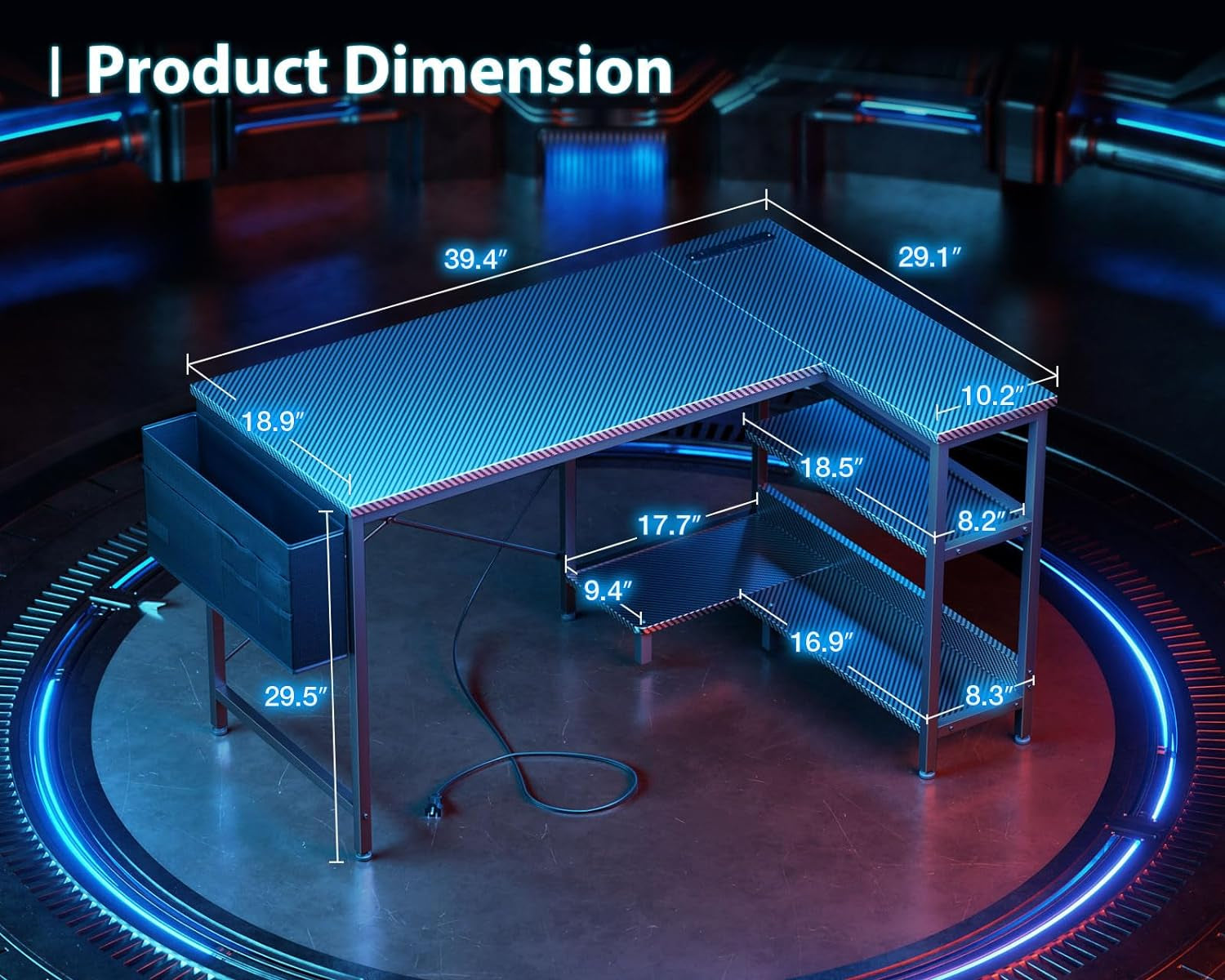 40 Inch Small L Shaped Gaming Computer Desk with Power Outlets, Corner Desk with Reversible Storage Shelves & PC Stand for Small Space, Modern Simple Home Office Table, Carbon Fiber Surface, Black-2