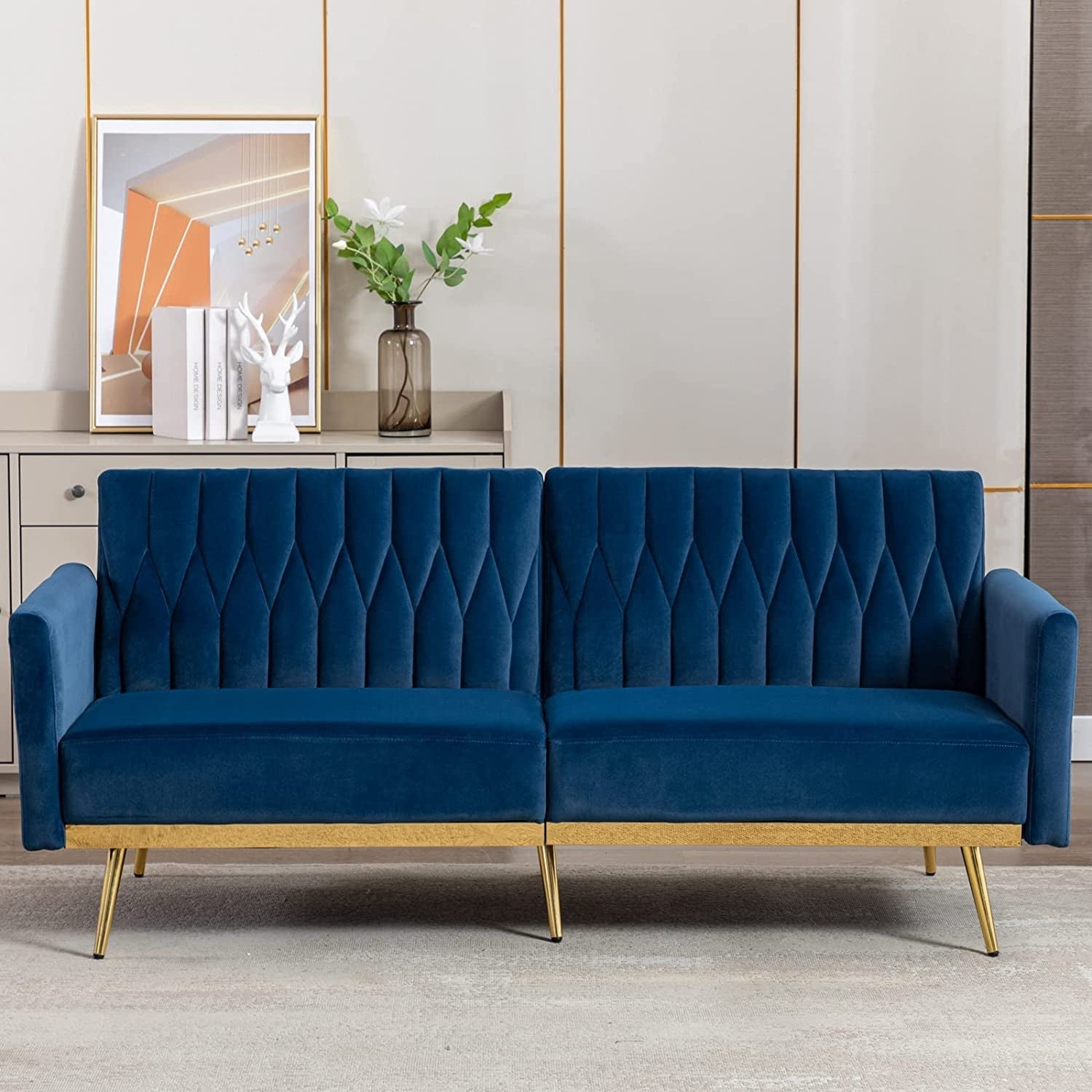 Blue Velvet Convertible Sofa Bed with Metal Legs-0