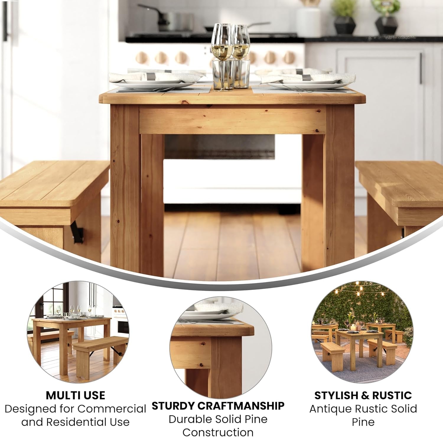 Light Natural Solid Wood Dining Table, Kitchen Table with Square Legs, Farmhouse Dining Table, 46" X 30", Seats 4, Rustic Finish for Indoor or Outdoor Use-3