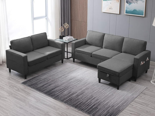 78" W 3 Piece Living Room Sofa Set, 3 Seater Sofa with Storage Ottoman and Loveseat Furniture Sets, Modern Linen L Shaped Sectional Couches for Living Room Apartment(Dark Grey)-0