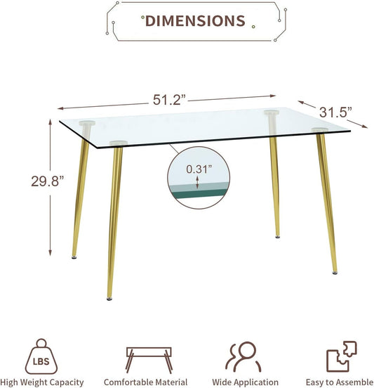 Glass Dining Table for 4 with 51 Inch Clear Tempered Glass Top, 0.31" Modern Rectangular Glass Kitchen Table Furniture with 4 Golden Plating Metal Legs for Home Kitchen Room-1